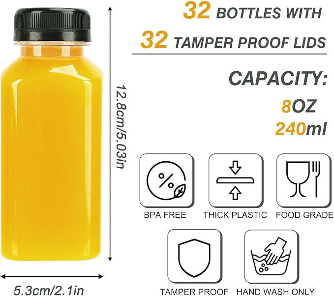 32pcs 8oz Plastic Juice Bottles with Caps, Sticker Labels, Brush | Empty Reusable Clear Bottles with Label, Funnel and Brush Beverage Containers Bulk with Lids for Juicing, Smoothies, Fridge