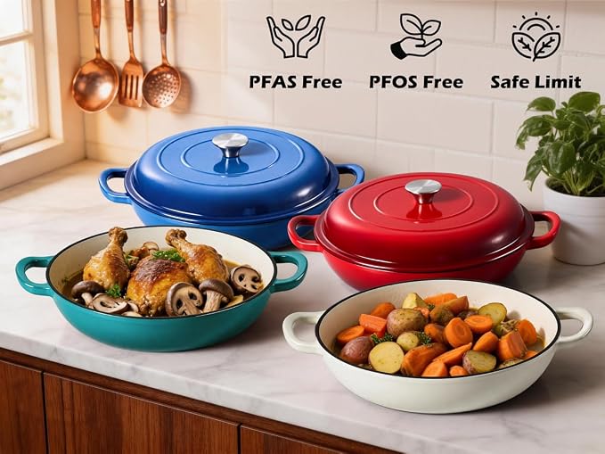 Leonyo 3.6QT Cast Iron Braiser Dutch Oven with Lid, Cream White | Nonstick Enameled Cast Iron Casserole Skillet, Cast Iron Cookware Shallow Dutch Oven with Lid for All Cooktop, Oven Safe
