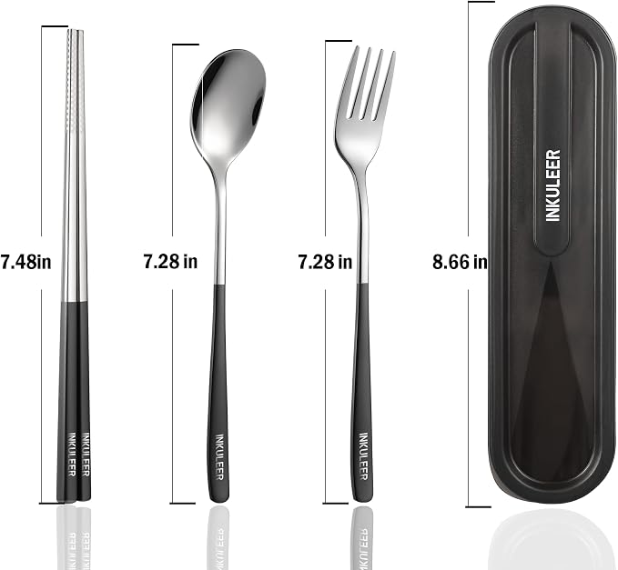 iNKULEER Travel cutlery set, 18/8 stainless steel cutlery, Reusable utensils set with case, Portable Silverware Lunch Box for Camping and Office (Black)