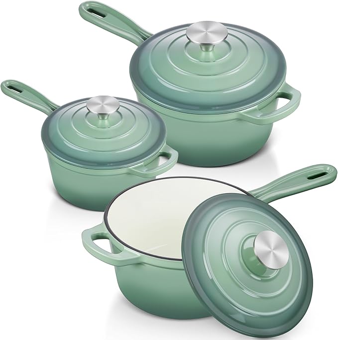 Leonyo 1Qt & 2Qt & 3Qt Enameled Cast Iron Saucepan Set, Pistachio Green | For All Cooktops Cooking Pasta, Milk, Oatmeal - Up to 500°F & Nonstick