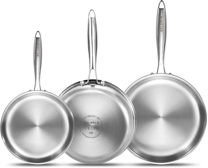 DELARLO Tri-Ply Stainless Steel Frying Pan Set 8”/10”/12”kitchen skillet | Stainless Steel Pan Cooking Heat fast and evenly Compatible with All Cooktops Dishwasher and Oven Safe