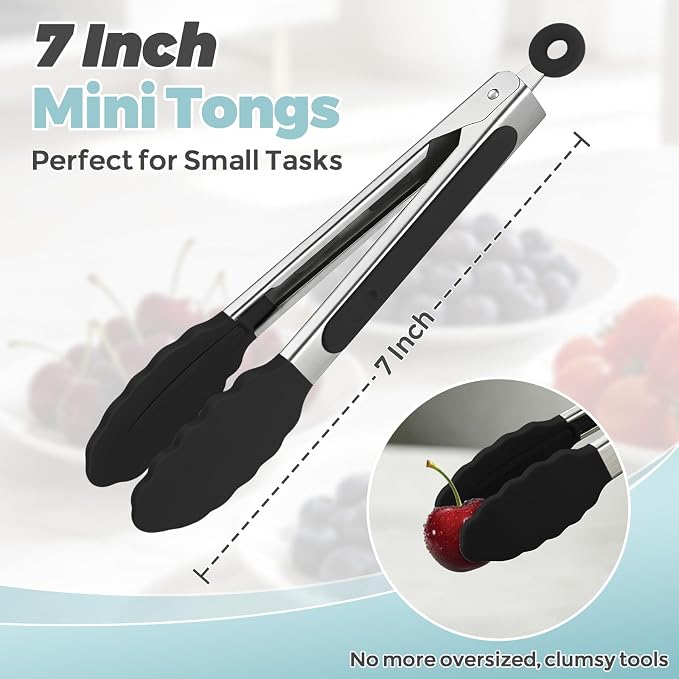 Small Cooking Tongs 7 inch Mini Serving Tongs with Silicone Tips, Set of 3 (Black + Grey + White)