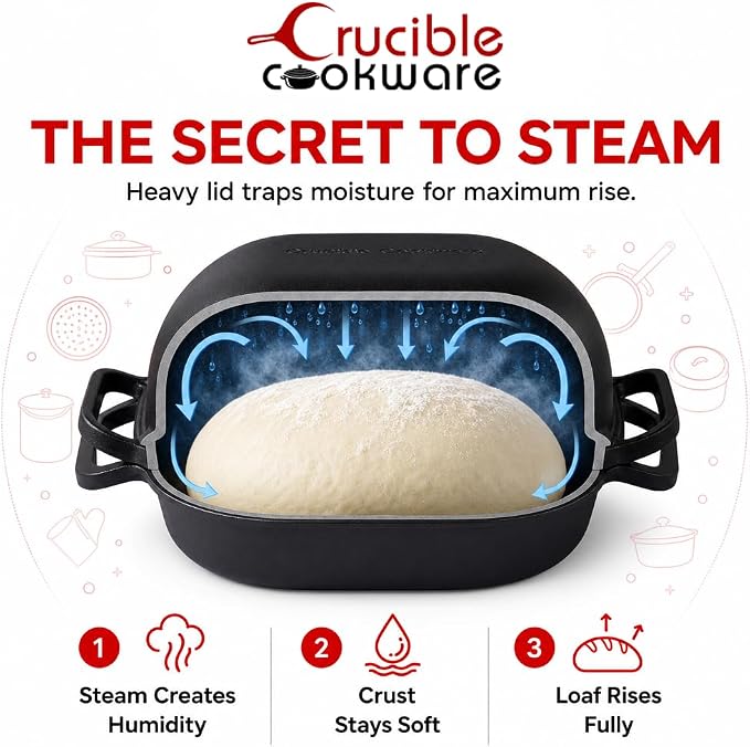 Crucible Cookware Extra Large Cast Iron Artisan Bread Pan 6 Loop Handles Deep Lid for Steam Baking - Sourdough Bread Oven, Covered Loaf Baker