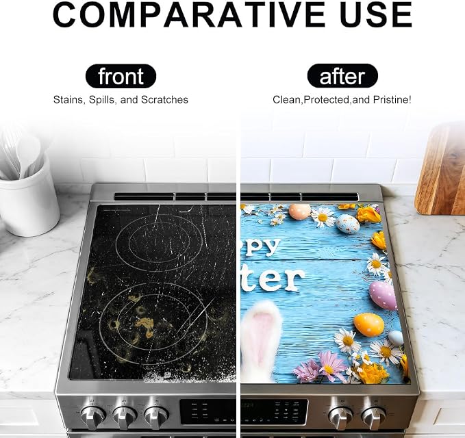 Happy Easter Bunny Ears Blue Wood Stove Top Cover for Electric Stove, Glass Cooktop Protector Mat with Anti-Slip Rubber Base, Scratch-Resistant, Expands Counter Space, Holiday Decor