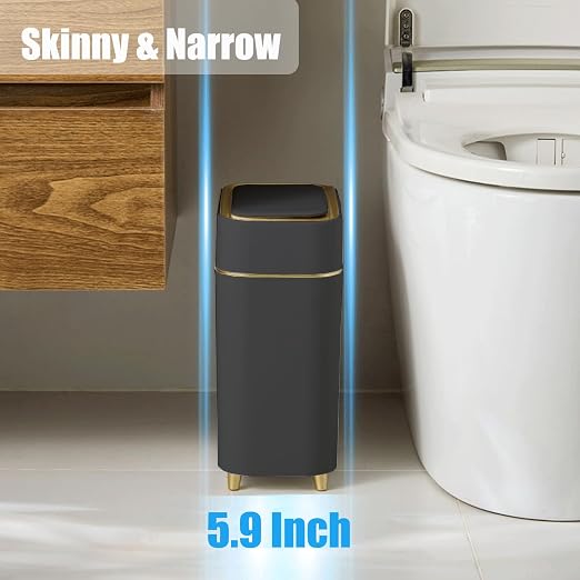 Automatic Bathroom Trash Can with Touchless Lid - Motion Sensor Trash Can | Bathroom, Bedroom, Kitchen, Laundry room, Small Spaces - Slim Smart Trash Bin - Black with Gold Edge, 1Pack