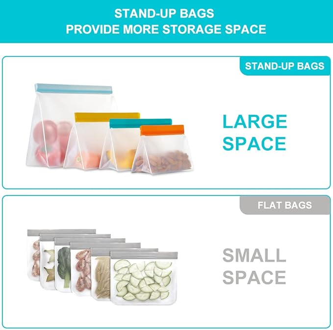 Reusable Food Storage Bags Stand Up, 9 Pack Leakproof Freezer Bags, BPA Free Gallon Bags, Reusable Plastic Snack Bags, Lunch Sandwich Bags for Home & Travel
