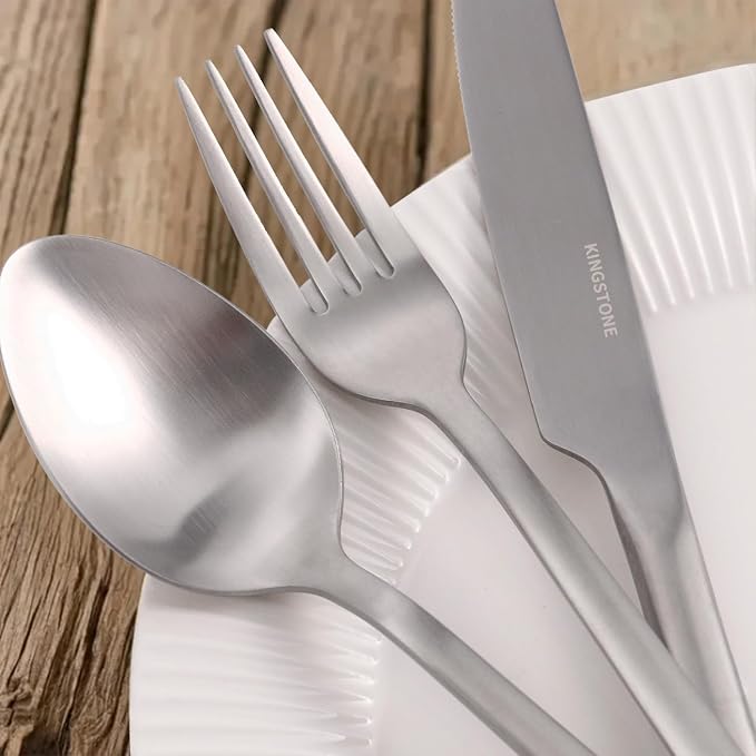 40 Piece Silverware Set, Flatware Set for 8, 18/10 Stainless Steel Cutlery Set Mirror Polished Modern Design Dishwasher Safe, Matte Silver