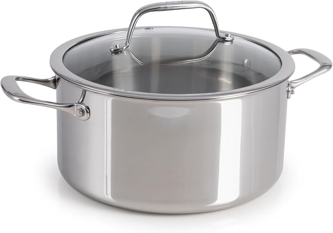 T-Fal Pro Tri-Ply Stainless Steel 6 qt Dutch Oven Pot with Lid, Induction | NSF professional grade, Glass lid traps moisture, Oven safe to 500 F, Braising and stewing use, Built-in measuring marks