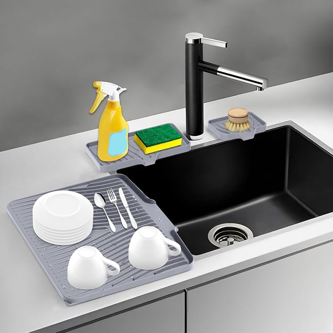 Silicone Dish Drying Mat for Kitchen counter | 19.7"x17" Dish Drainer Mat, Heat-Resistant Kitchen Counter Mat & Over-Sink Drying Tray, Can Be Hung, Grey-1Set-L
