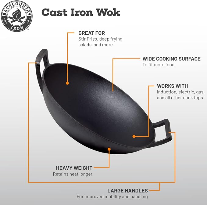 14 inch Cast Iron Wok with Flat Base and Handles