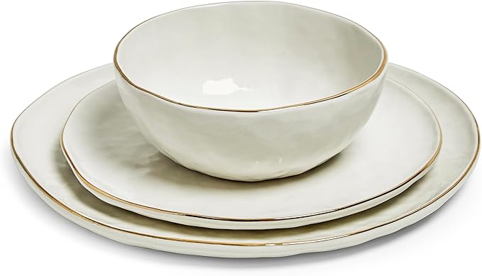 Sango 12-Piece Lightweight Porcelain Dinnerware Set for 4, Glossy Vanilla White Plates and Bowls Sets, Gold Rims, Farmhouse Ceramic Dish Set, Rustic Dishes, Microwave and Dishwasher Safe, Gansevoort
