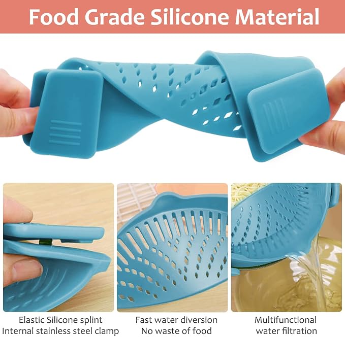 YEVIOR Clip on Strainer for Pots Pan Pasta,Silicone Food Pan Strainer | Food-grade BPA-free,Kitchen Food Strainer for Spaghetti, Pasta,Vegetable Fruits Fits All Bowls and Pots (Teal)