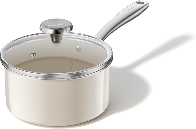 Redchef Ceramic Sauce Pan with Lid, 1.8QT Small Saucepan, Nonstick Cooking Pot with Stay-Cool Handle, Kitchen Non Toxic Soup Pot, PTFE & PFOA Free, Oven Dishwasher Safe, Compatible All Stovetops-Beige