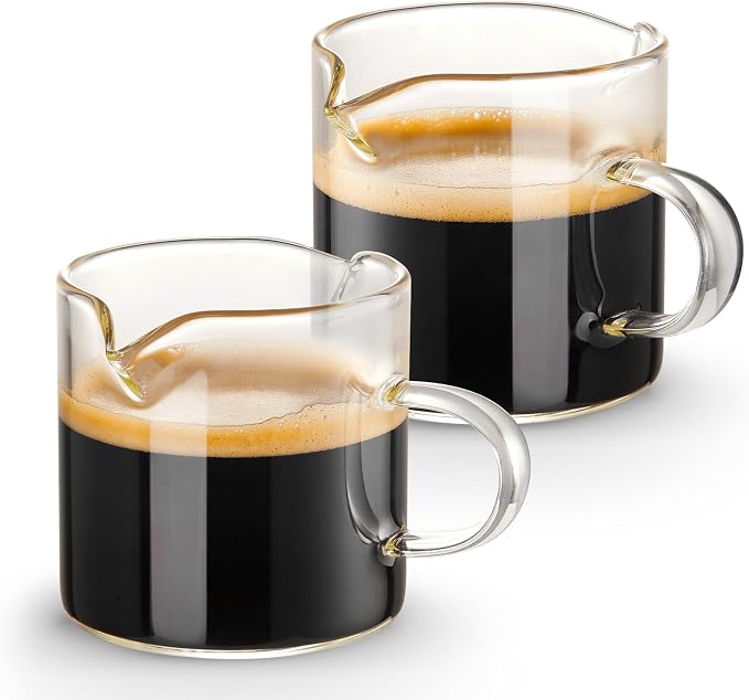 Qipecedm Espresso Cups Set of 2, 4 OZ Double Spouts Cups, Shot Glasses, Milk Cup with Handle, Clear Glass, Espresso Accessories for Machine, Small