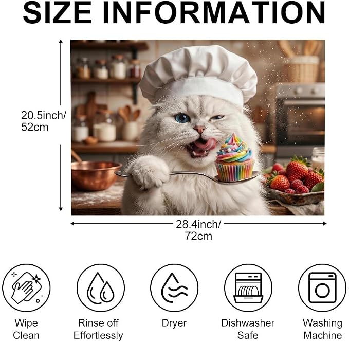 Funny Cat Stove Top Cover for Electric Stove, 28x20 In Glass Mat | Heat-resistant non-slip mat holds hot cookware; cooktop protector, dish drying; cute kitten cupcake cat lover kitchen decor