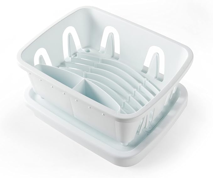 Camco RV Mini Dish Drainer & Tray - Features a Sloped Drain Tray Design, Heavy-Duty Construction - Ideal for Small Spaces, Apartments, Boats, and More -9.5"L x 11.7"W x 4.75"H - White (43511)