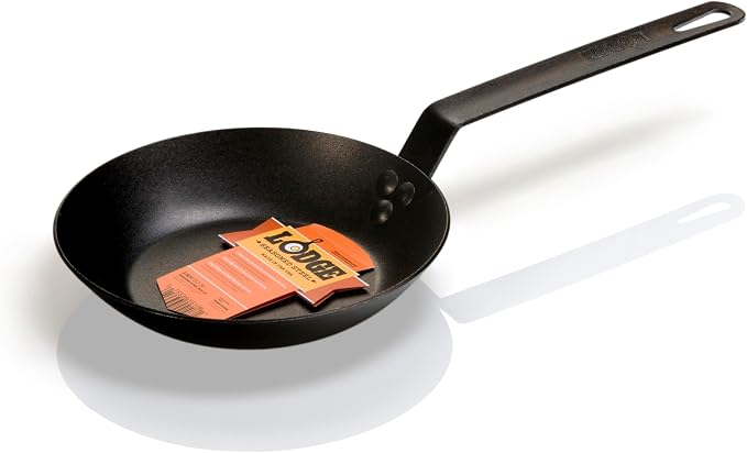 Lodge Seasoned Carbon Steel Skillet - Lightweight High Heat Frying Pan with Long Handle - Quick Temperature Response - Ideal for Searing & Sautéing - 8 Inches