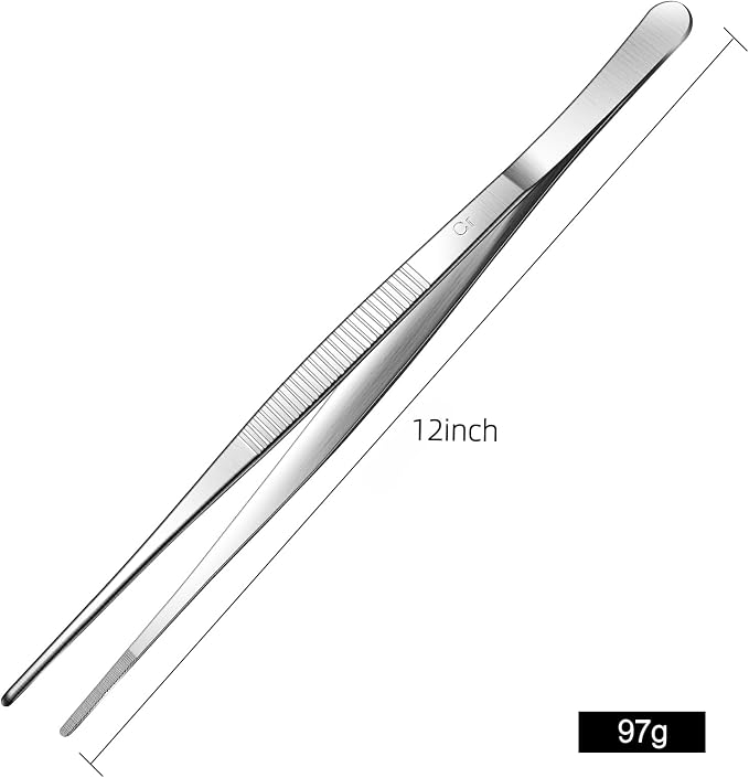Aniso Long Tweezers, Stainless Steel, 12 Inches | Precision Serrated Tip, Cooking Tweezers Tongs， For Barbecue, Hand-Made，Steaks, Bread, Pizza, Salads