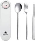 DEVICO Travel Utensils with Case Cute, Reusable Silverware for Lunch, 4Pcs Portable Cutlery Set, 18/8 Stainless Steel Fork Spoon Chopsticks in Cartoon Case, Dishwasher Safe (White)