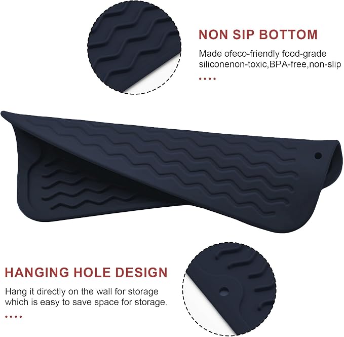 Silicone Dish Drying Mat, Non-Slip Easy Clean Sink Mat, Dark Blue, 12"x6" | Quick-Dry Ridges, Large Heat-resistant Dish Drainer Mat for Kitchen Counter, Hangable & Roll-Up for Storage, Dishwasher Safe