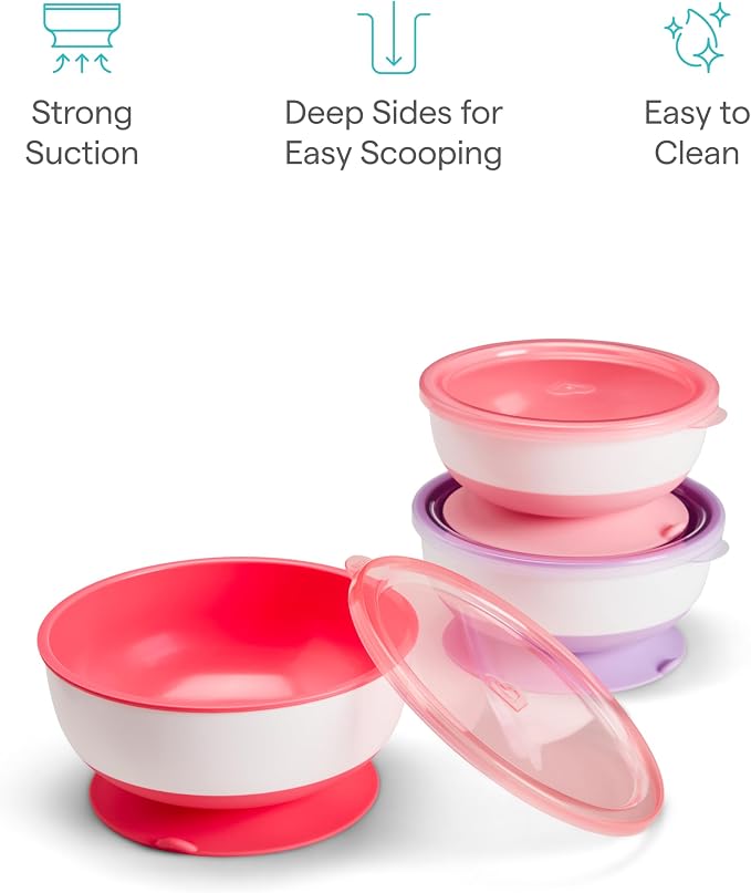 Munchkin Stay Put Munchkin Suction Baby Bowls with Lids - Dishes for Babies and Toddlers, Self-Feeding Bowl Set for Kids 6+ Months, 3 Pack, Pink/Purple