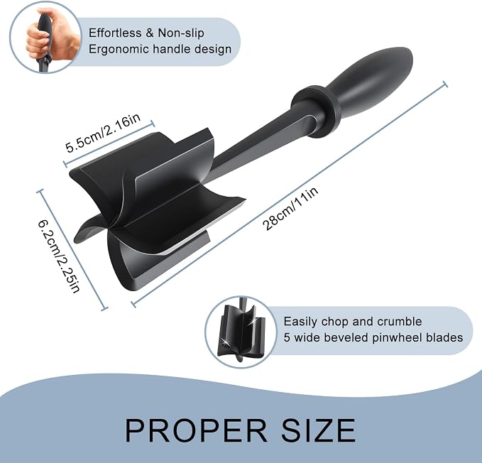2 Pack Meat Chopper Ground Beef Masher Tool for Hamburger | 5 Curve Blades Heat Resistant Meat Masher Tool, Turkey and More, Nylon Hamburger Chopper Utensil Non-scratch Utensils-Black