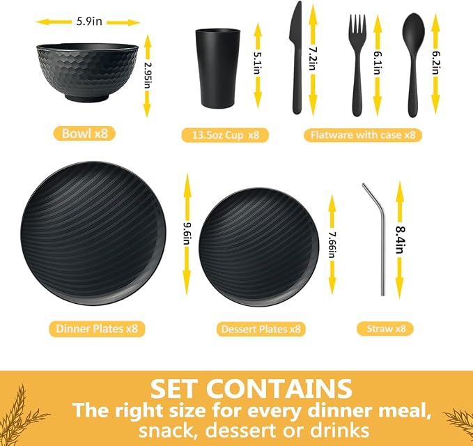 Teivio 32-Piece Plates and Bowls Sets for 8, with Flatware Dinnerware Sets | 13.5oz Cups, Plastic Wheat Straw Unbreakable Dish Set, Dishwasher Safe, for Outdoor Camping RV Essentials Plate Set, Black