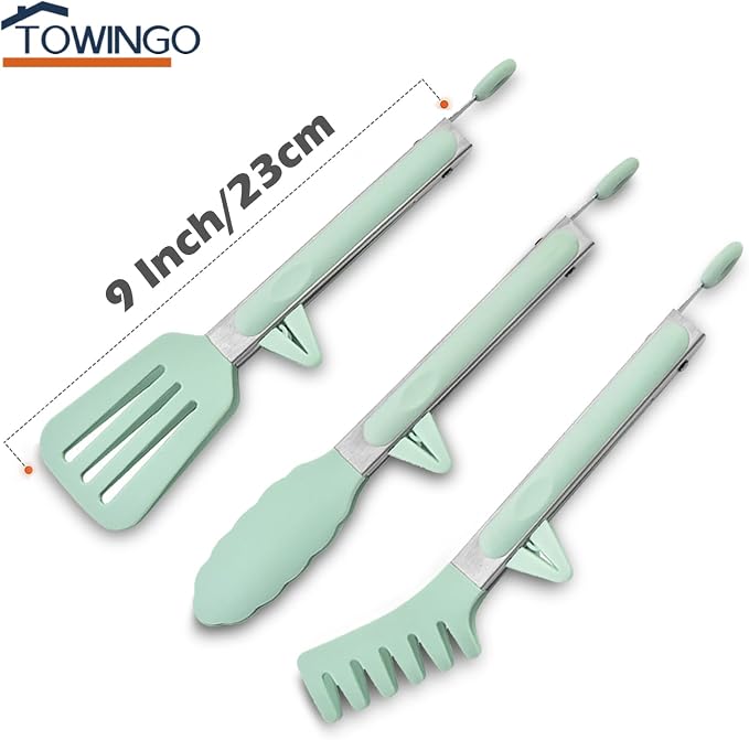 9" Kitchen Tongs for cooking with Silicone Tips, 3Pcs Serving Tongs, Green | Small Silicone Tongs mit kickstand, Food Grade, 3 different type of tongs, Stainless Steel