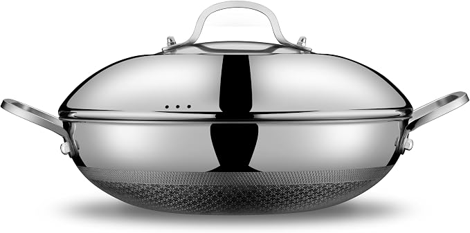 SNOWCLAD Wok, 13 Inch Hybrid Woks & Stir-fry Pans Nonstick with Double Handles, Non Toxic Stainless Steel Wok Pan with Lid, Dishwasher Induction Oven Broiler Safe
