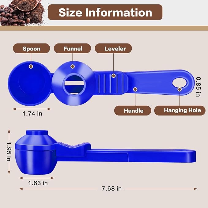 2-in-1 Coffee Scoop with Funnel, 2 Tbsp Measuring Spoon for Reusable K Cups, Ground Coffee, Protein Powder & Tea, Mess-Free Plastic Design（Dark Blue-2pack）