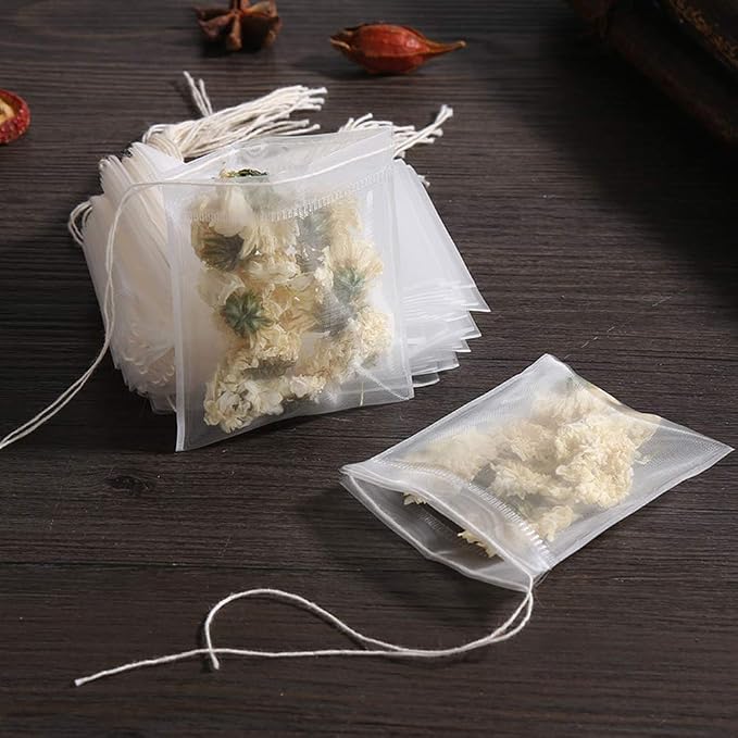 100 Pcs Empty Tea Filter Bags for Loose Tea Herb Spice Small Mesh Drawstring Seal Infuser Strainer Bags (2.36x3.1inch)