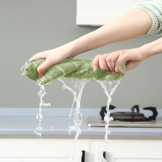 Puomue Microfiber Kitchen Towels and Dishcloths Set, 26 x 18 Inch and 12 x 12 Inch, Set of 12 Bulk Lint Free Dish Towels for Drying Dishes, Olive Green