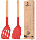 Pack of 2 Silicone Cooking Spatula, Heat Resistant Solid Turner, Non Stick Slotted Spatulas with Wooden Handle,Ideal Wood Kitchen Utensils Set for Frying, Baking, Flipping, Turning (RED)