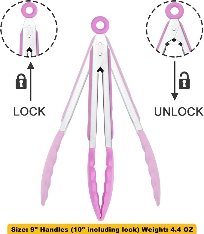 HINMAY Serving Tongs with Silicone Tips 9-Inch Food Tongs, Set of 3 (Pink)