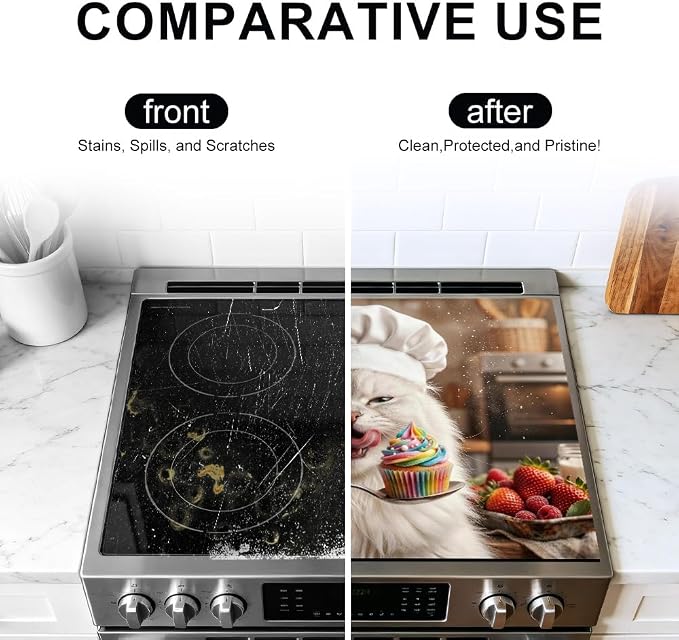 Funny Cat Stove Top Cover for Electric Stove, 28x20 In Glass Mat | Heat-resistant non-slip mat holds hot cookware; cooktop protector, dish drying; cute kitten cupcake cat lover kitchen decor
