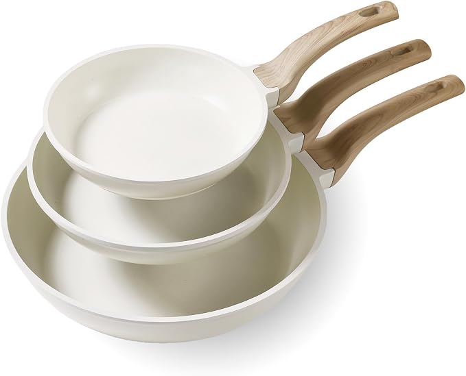 CAROTE 3Pcs Cream White Non Stick Skillet Set, Cream White | Non Toxic Granite Frying Pan with Heat-Resistant Handle, All Stovetops Compatible, PFOA-Free, 8"+10"+12"