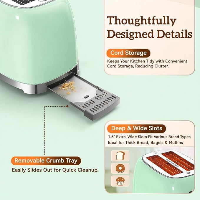 RONGBEST Retro Touch Screen Toaster 2 Slice Wide Slot Stainless Steel with 6 Browning Levels for Breakfast Bagel & Bread, Reheat & Defrost, Removable Crumb Tray, Mint Green