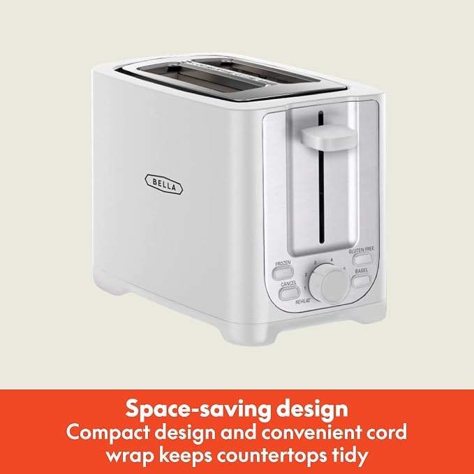 bella 2 Slice Toaster, Extra Wide Slots & Removable Crumb Tray, White