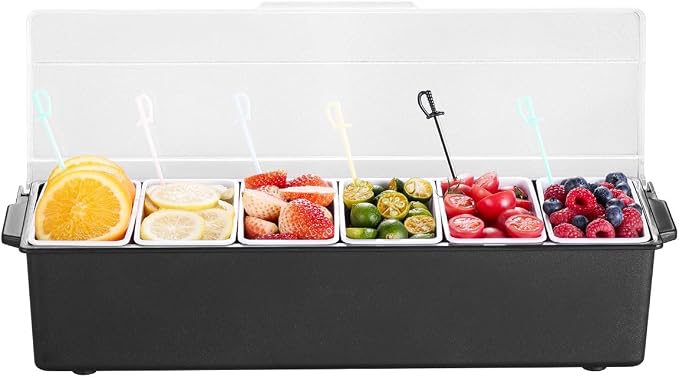 VEVOR Chilled Condiment Server, 6 Compartment Ice Cooled Condiment Serving Container, Chilled Garnish Tray Bar Caddy with Lid, for Bartending & Serving Taco, Salad, Fruit, Home & Restaurant Supplies