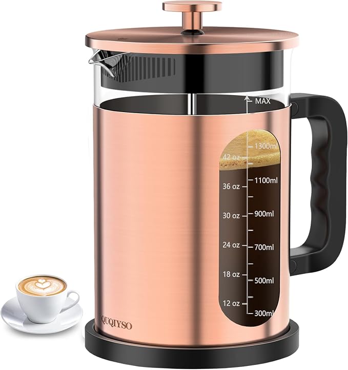 QUQIYSO French Press Coffee Maker 51oz, Stainless Steel Large French Press | Borosilicate Glass Coffee Maker,4 Filter,Coffee Press,Easy to Clean,Perfect for Party Kitchen Camping Travel Gifts(Copper)
