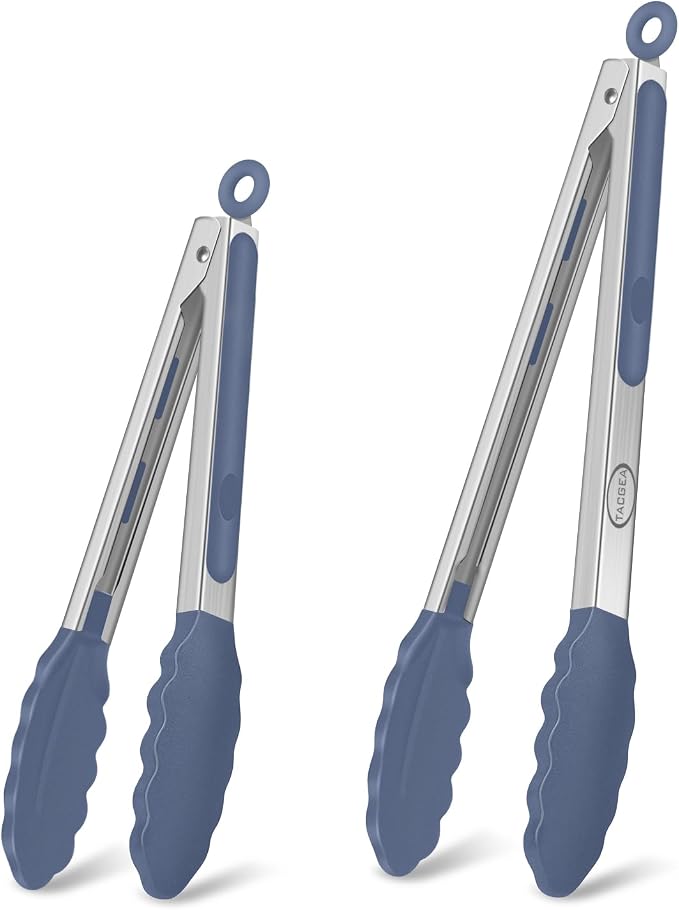 Stainless Steel Kitchen Tongs with Silicone Tips, Locking Grilling Food Tongs, 9" and 12", Set of 2 Blue