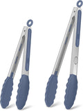 Stainless Steel Kitchen Tongs with Silicone Tips, Locking Grilling Food Tongs, 9" and 12", Set of 2 Blue