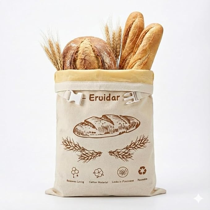 Beeswax Bread Bags for Sourdough & Homemade Bread (2 Pack) | XL 13"x17" Reusable Organic Cotton Bees Wax Bread Bag, Alternative to Bread Box, Natural & Easy to Clean (Rustic Bread Print)