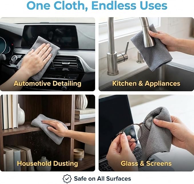 Waffle Weave Microfiber Towel, 12 x 12 inches, Barista Towels, Lint Free Cloth, Glass Towels, Waffle Towels Car Detailing, 6 Pack Premium Microfiber Cleaning Cloth