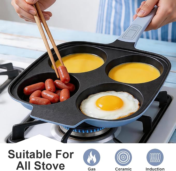 RANX INGST 4-Cup Egg Pan Nonstick with Lid 10 Inch Large Pancake Pan, Blue | Detachable Handle, Omelette Skillet Induction Compatible for Breakfast