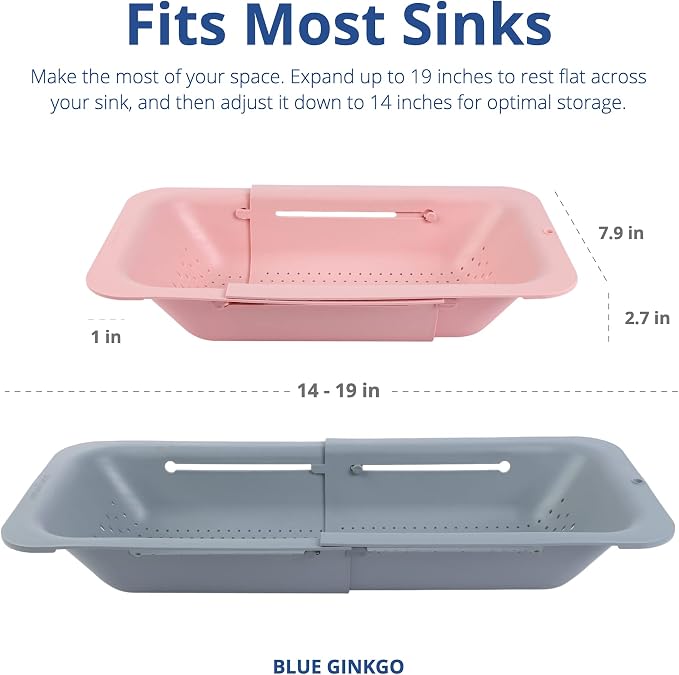 Blue Ginkgo Over Sink Colander, Extendable Kitchen Strainer, 2-Pack, Mix | Fits Most Sinks. Rinse, Drain and Dry with Ease.