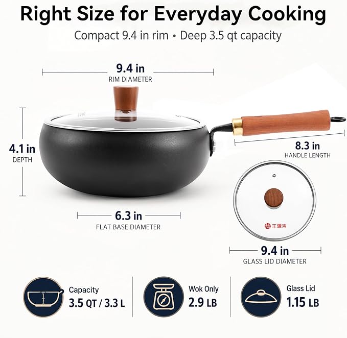 WANGYUANJI 9.5-Inch Carbon Steel Wok with Lid, Flat Bottom Stir Fry Pan | Deep 3.5 QT bowl for 1–2 servings; smooth carbon steel surface; flat base for induction, gas, electric and ceramic cooktops