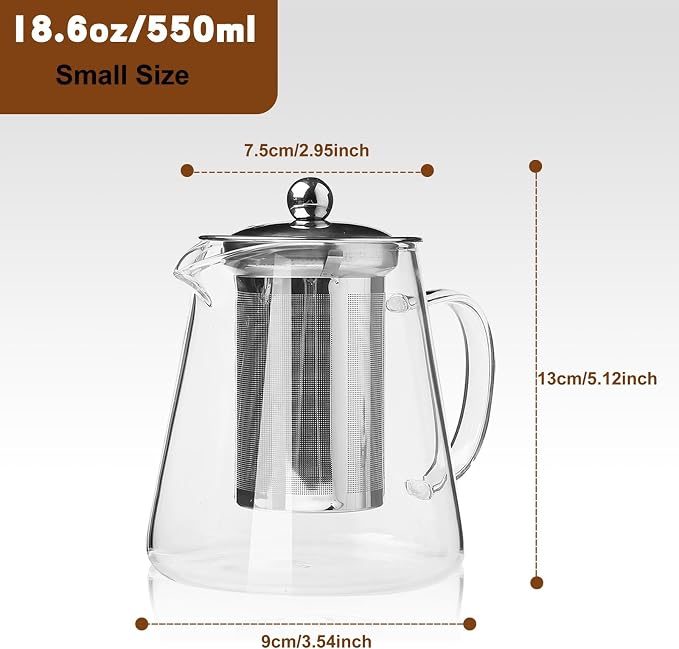 Glass Teapot, Tea Pot with Removable Infusers for Loose Tea, Borosilicate Glass Tea Kettle Tea Maker Stovetop for Party, Camping,Travel (550ML)