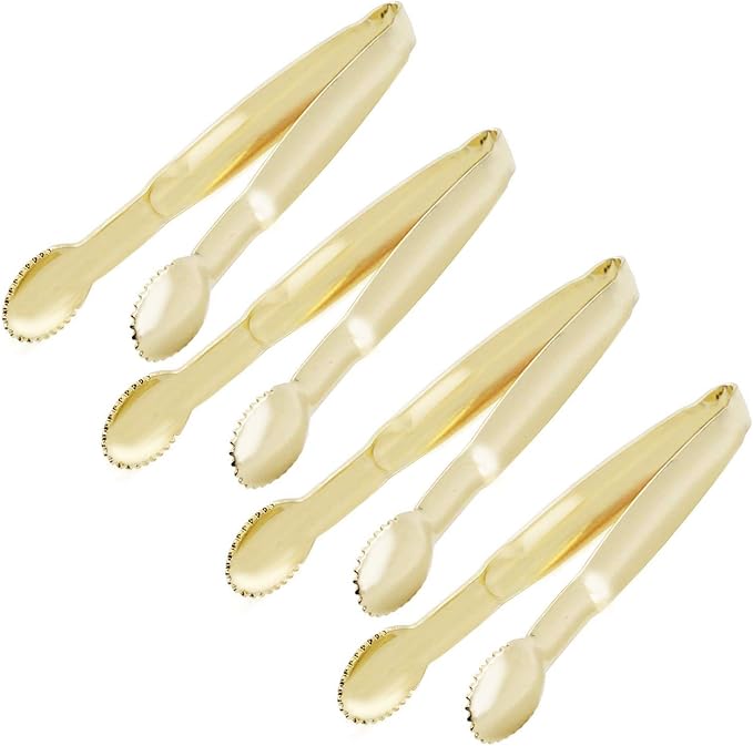 HINMAY Gold Plated Mini Serving Tongs 4-Inch Sugar Cube Tongs, Set of 4 | Stainless Steel Small Ice Tongs for Serving, Tea Party, Coffee Bar, Desserts