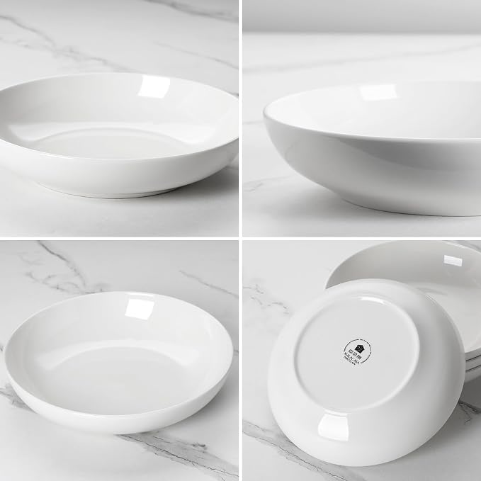 MALACASA 8.85" Large Pasta Bowls, 42 OZ White Salad Bowls Soup Bowls, Porcelain Serving Bowls Set of 4, Large Kitchen Bowl Plates Pasta Plates, Microwave & Dishwasher Safe, Series REGULAR